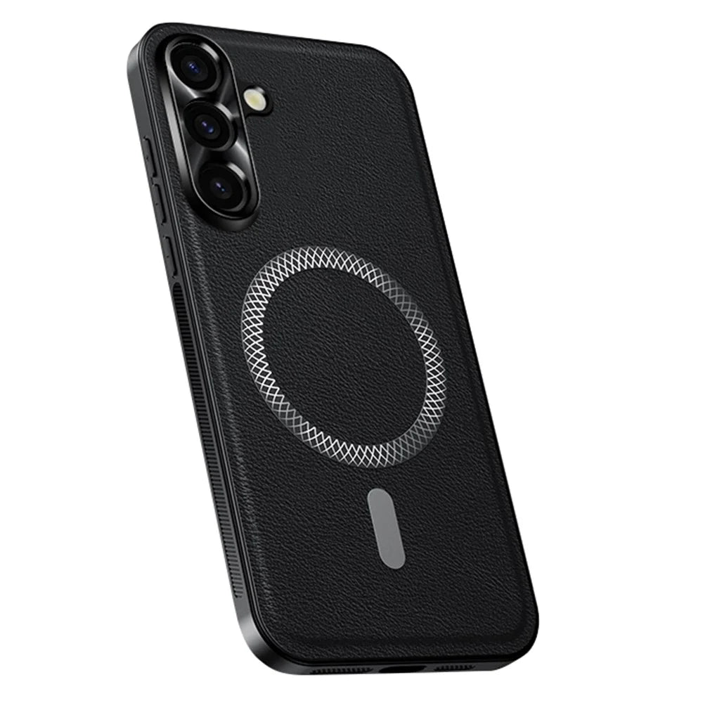 For Samsung Galaxy A16 5G / A16 4G Magnetic Case PU TPU PC Phone Back Cover with Metal Lens Frame - Black - 1