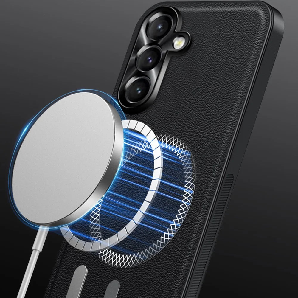 For Samsung Galaxy A15 4G / A15 5G Magnetic Case PU TPU PC Phone Back Cover with Metal Lens Frame - Black - 3