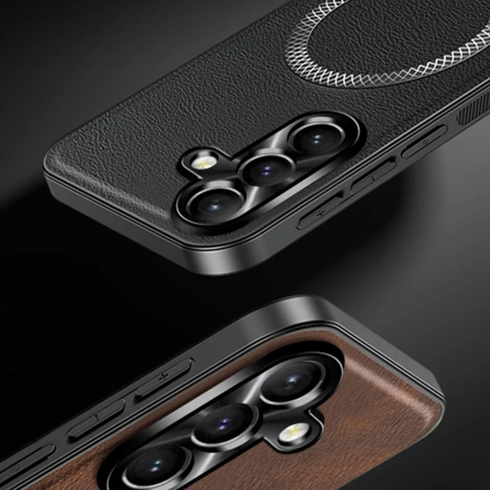 For Samsung Galaxy A15 4G / A15 5G Magnetic Case PU TPU PC Phone Back Cover with Metal Lens Frame - Black - 4