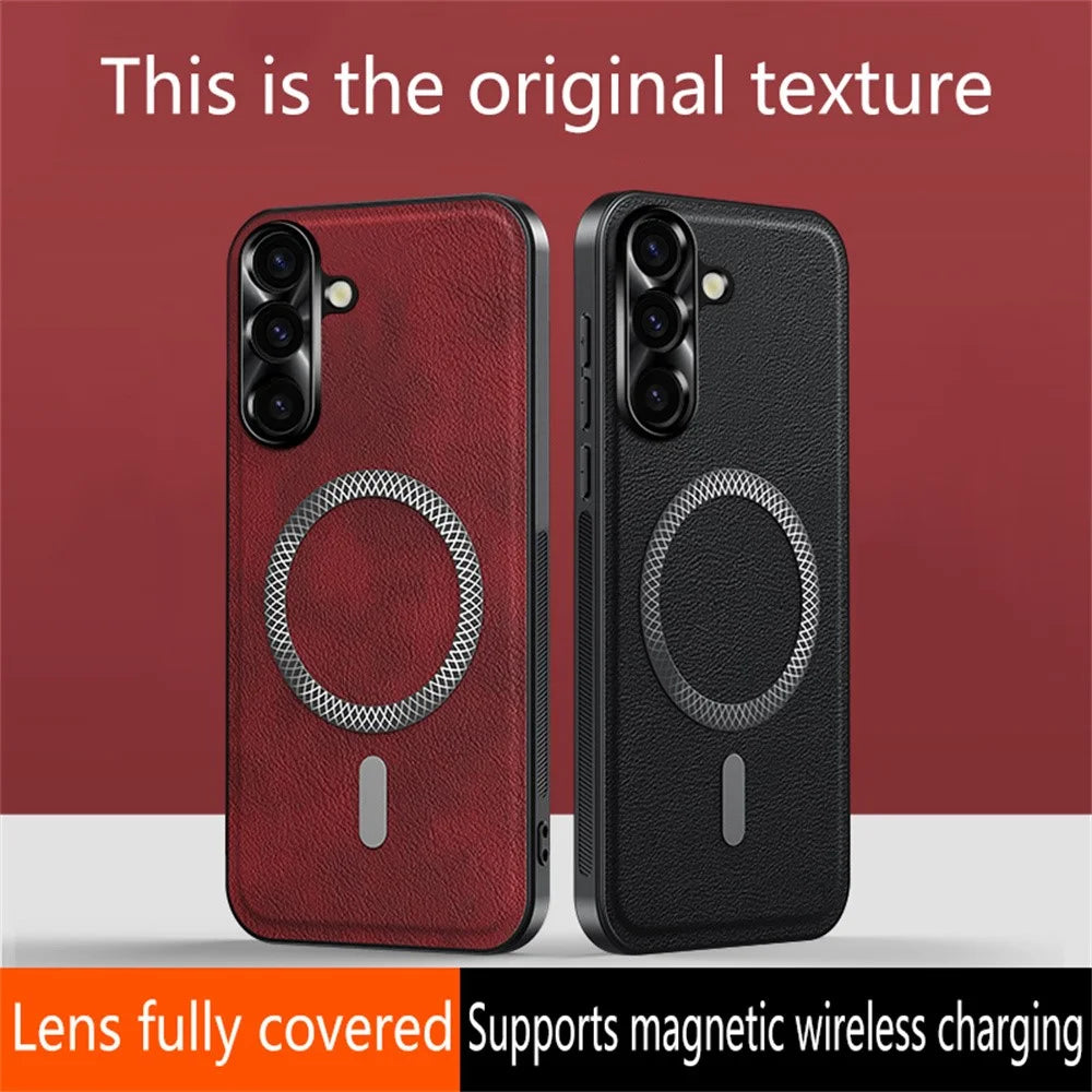 For Samsung Galaxy A35 5G Magnetic Case PU TPU PC Phone Back Cover with Metal Lens Frame - Black - 6