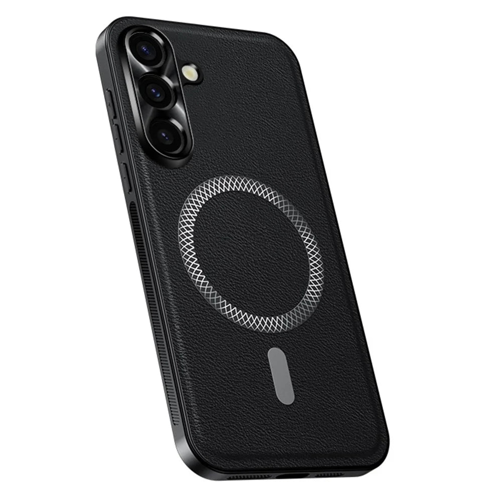For Samsung Galaxy A55 5G Magnetic Case PU TPU PC Phone Back Cover with Metal Lens Frame - Black - 1