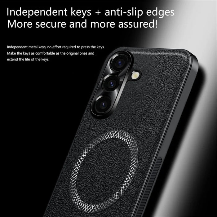 For Samsung Galaxy A55 5G Magnetic Case PU TPU PC Phone Back Cover with Metal Lens Frame - Black - 5