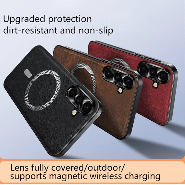 For Samsung Galaxy A55 5G Magnetic Case PU TPU PC Phone Back Cover with Metal Lens Frame - Black - 7
