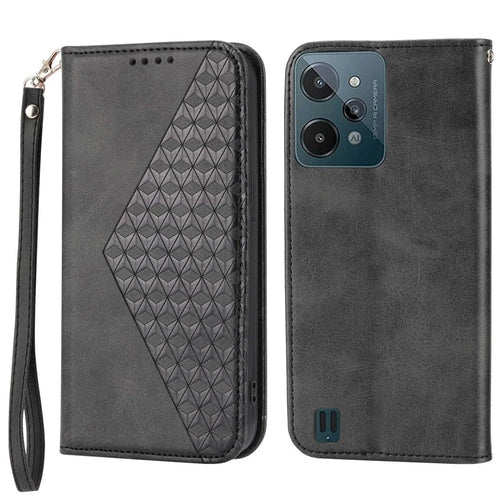 For Realme C31 Imprinted Rhombus Pattern Calf Texture Phone Case Magnetic Absorption PU Leather Wallet Stand Cover with Strap - Black - 1