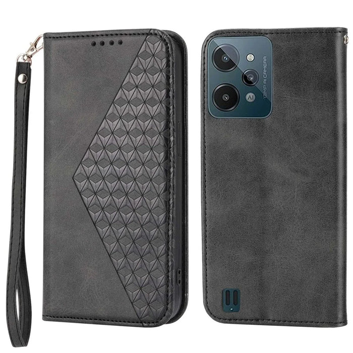 For Realme C31 Imprinted Rhombus Pattern Calf Texture Phone Case Magnetic Absorption PU Leather Wallet Stand Cover with Strap - Black - 1