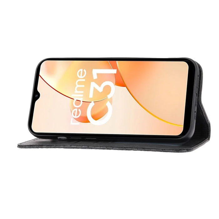 For Realme C31 Imprinted Rhombus Pattern Calf Texture Phone Case Magnetic Absorption PU Leather Wallet Stand Cover with Strap - Black - 2