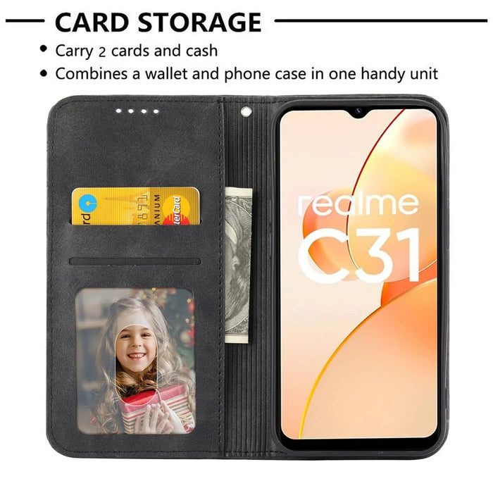 For Realme C31 Imprinted Rhombus Pattern Calf Texture Phone Case Magnetic Absorption PU Leather Wallet Stand Cover with Strap - Black - 3