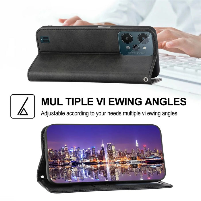 For Realme C31 Imprinted Rhombus Pattern Calf Texture Phone Case Magnetic Absorption PU Leather Wallet Stand Cover with Strap - Black - 4