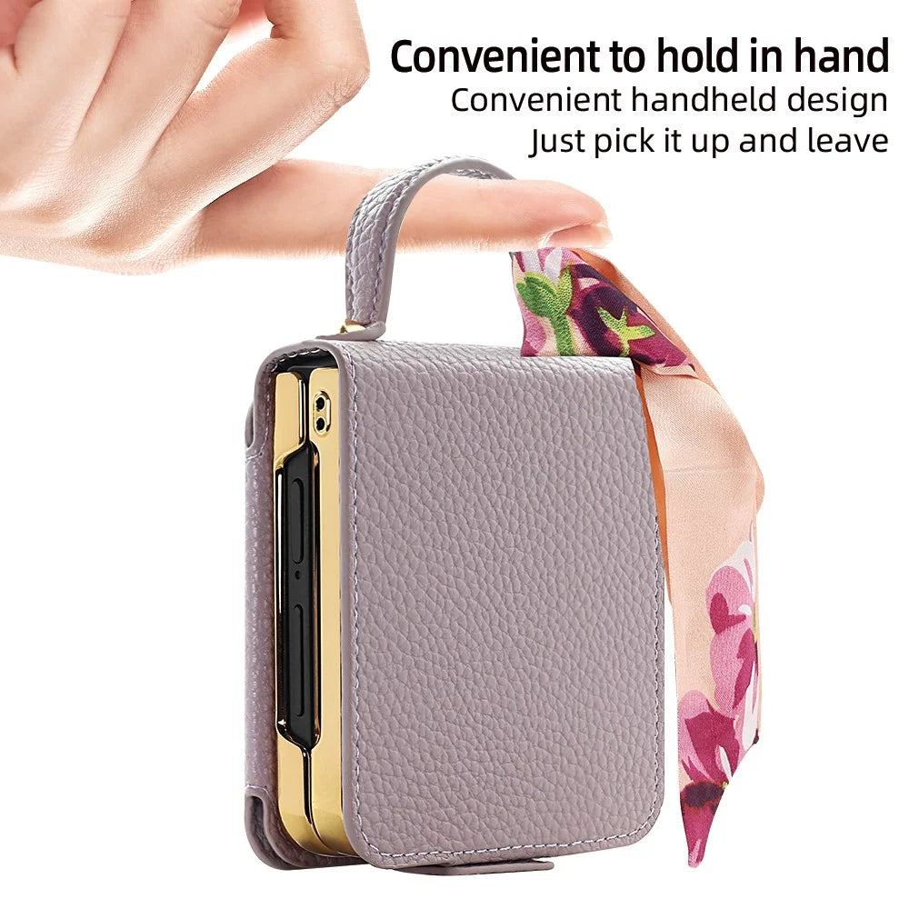For Samsung Galaxy Z Flip7 5G Case PU Leather + PC Tote Phone Cover with Mirror - Purple - 2