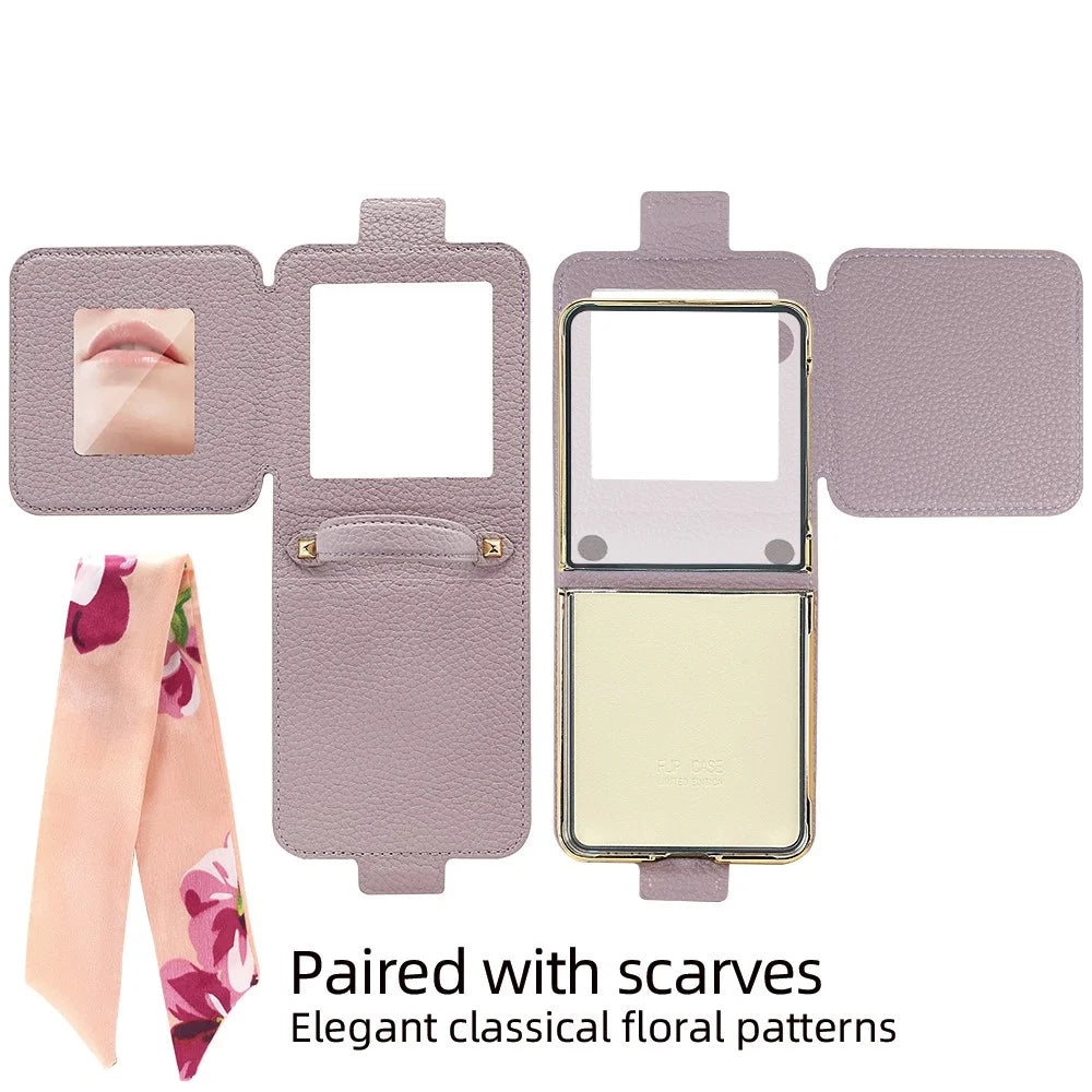For Samsung Galaxy Z Flip7 5G Case PU Leather + PC Tote Phone Cover with Mirror - Purple - 3