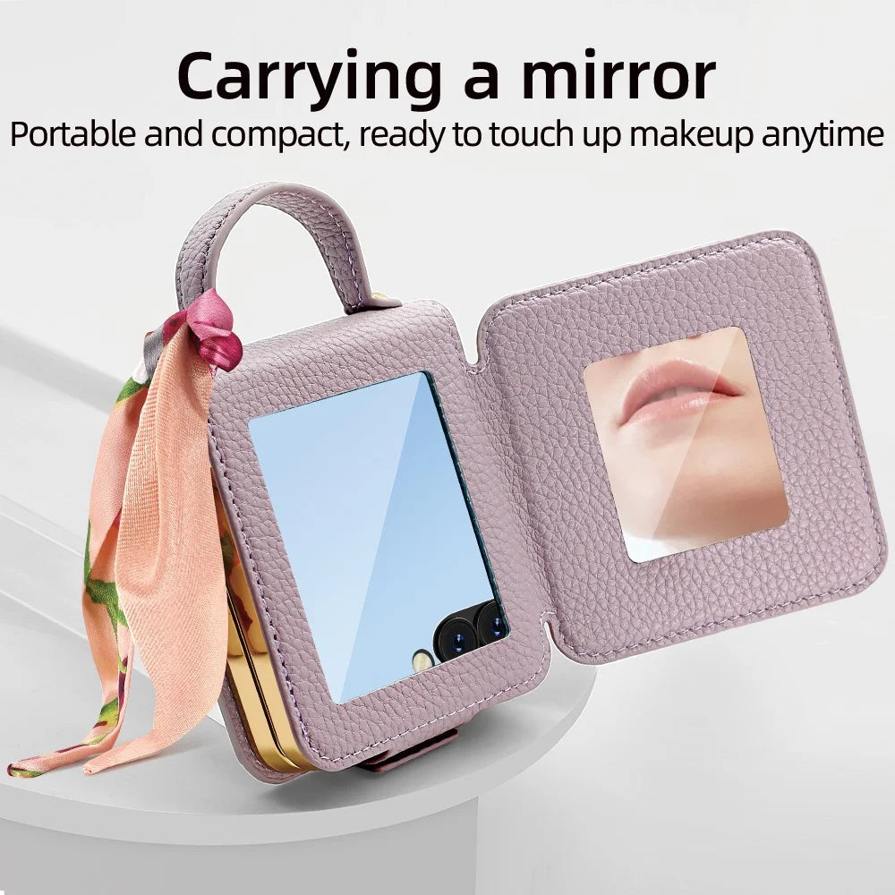 For Samsung Galaxy Z Flip7 5G Case PU Leather + PC Tote Phone Cover with Mirror - Purple - 5