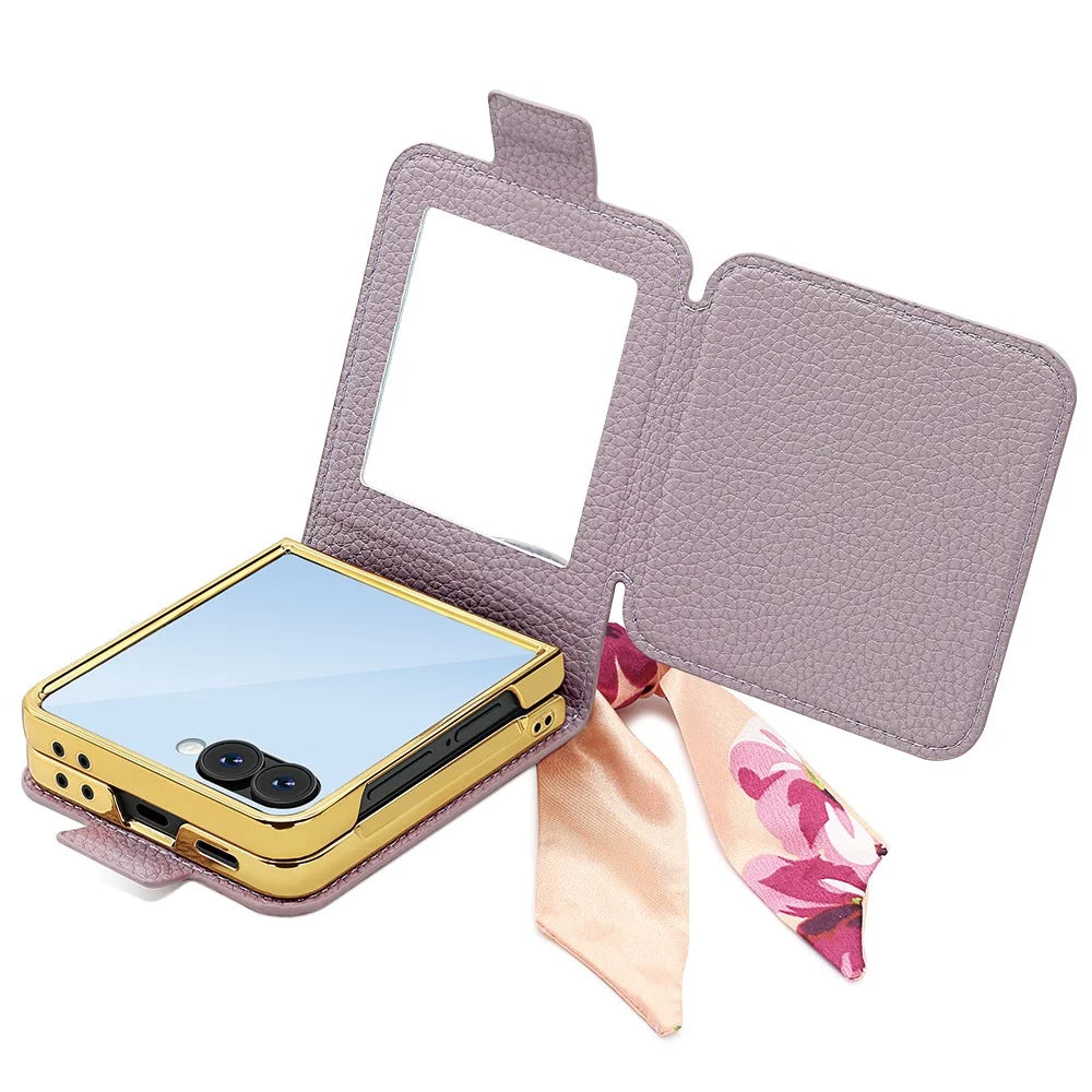For Samsung Galaxy Z Flip7 5G Case PU Leather + PC Tote Phone Cover with Mirror - Purple - 6
