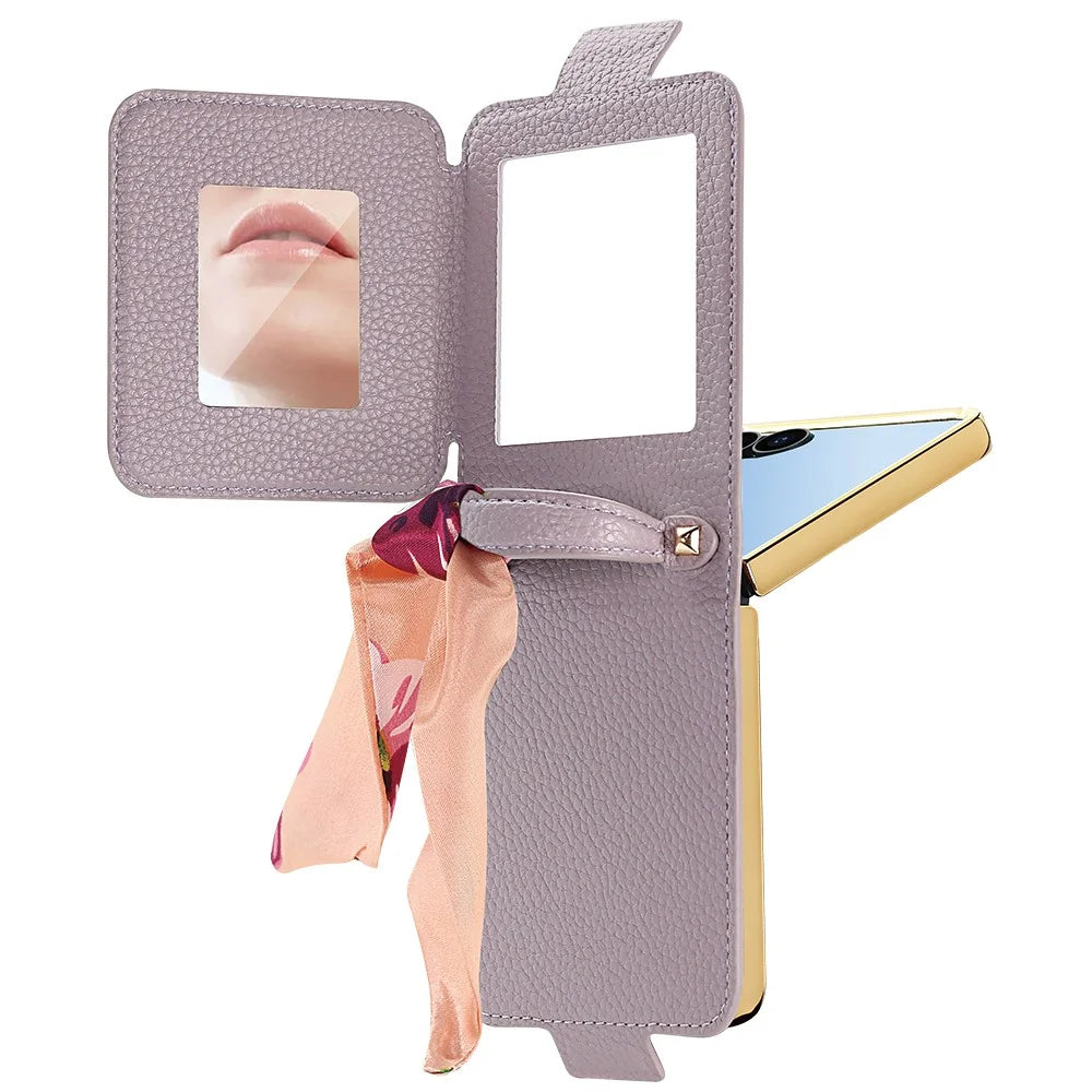For Samsung Galaxy Z Flip7 5G Case PU Leather + PC Tote Phone Cover with Mirror - Purple - 7