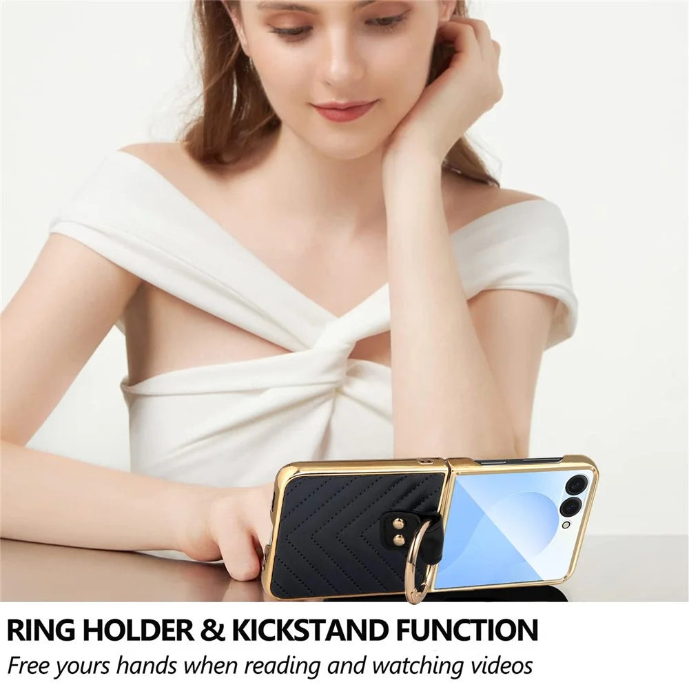 For Samsung Galaxy Z Flip7 5G Case V-Shape Pattern Kickstand PC Phone Cover - Black - 4