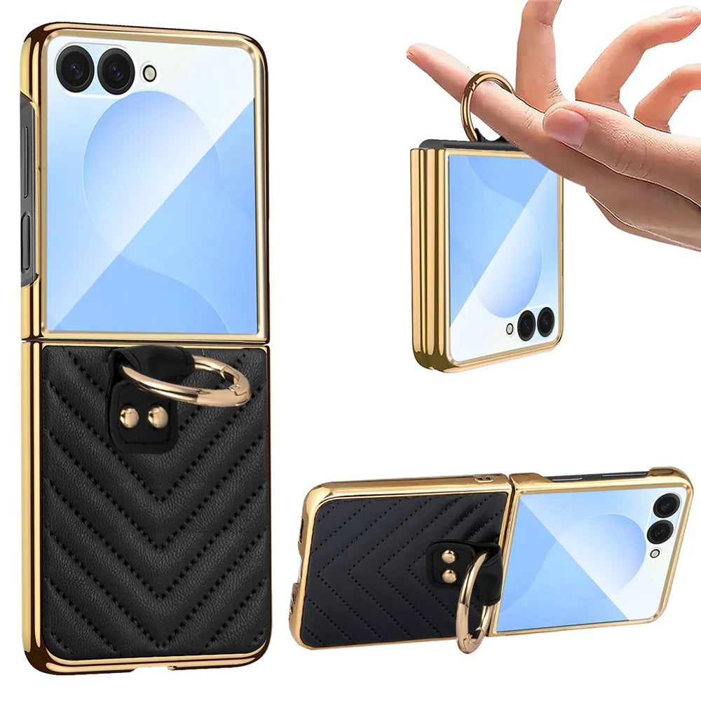 For Samsung Galaxy Z Flip7 5G Case V-Shape Pattern Kickstand PC Phone Cover - Black - 6