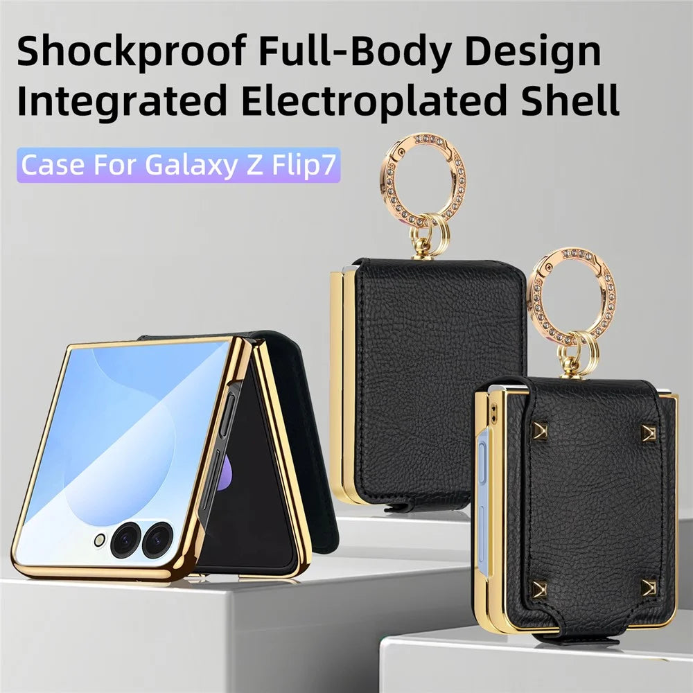 For Samsung Galaxy Z Flip7 5G Case PU + PC Protective Phone Cover with Finger Holder - Black - 2
