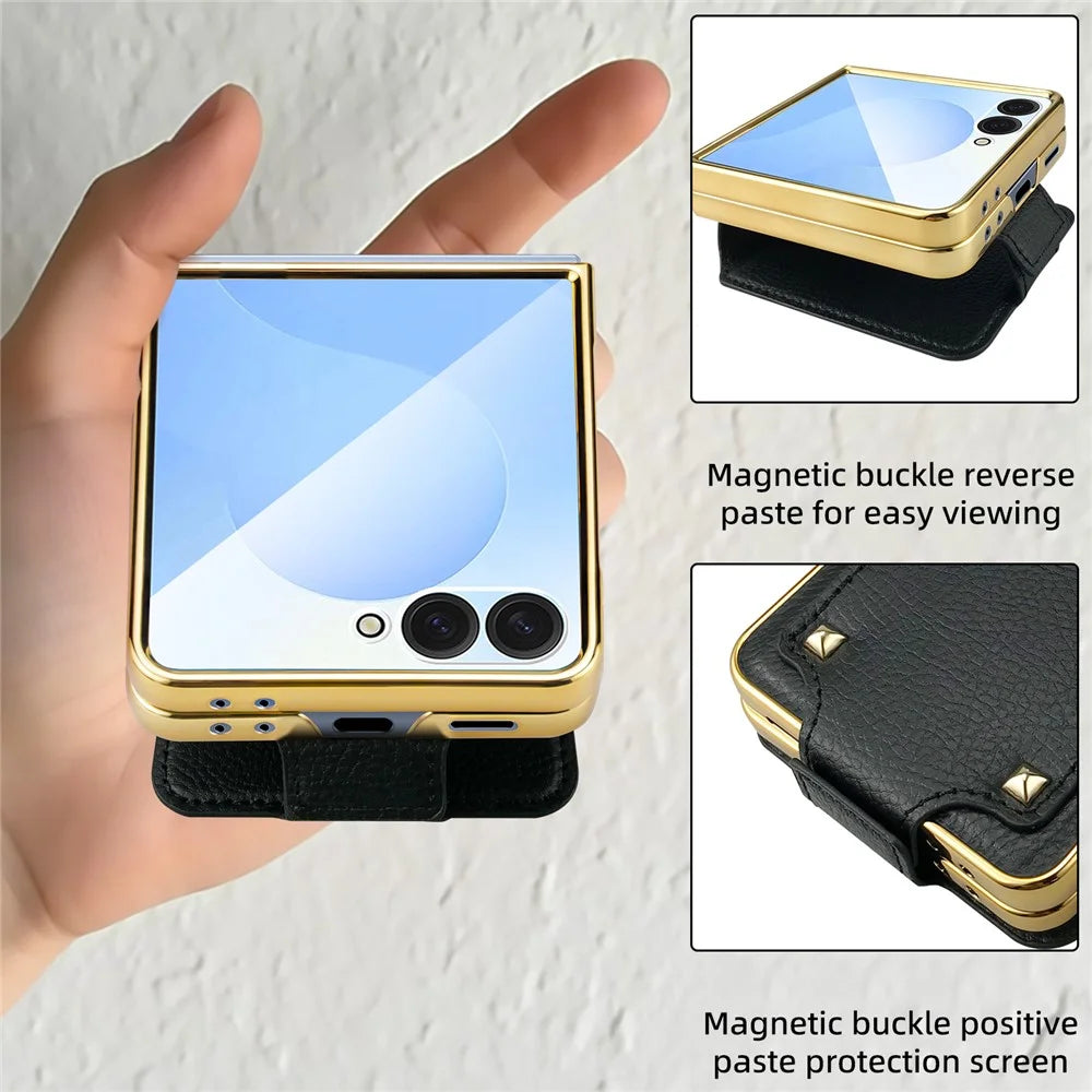 For Samsung Galaxy Z Flip7 5G Case PU + PC Protective Phone Cover with Finger Holder - Black - 3