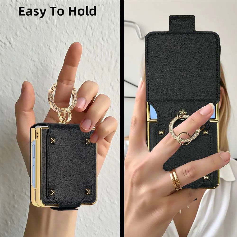 For Samsung Galaxy Z Flip7 5G Case PU + PC Protective Phone Cover with Finger Holder - Black - 5