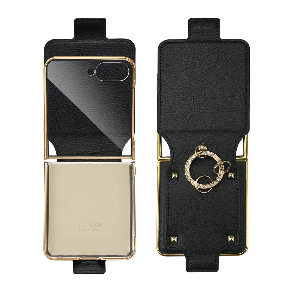 For Samsung Galaxy Z Flip7 5G Case PU + PC Protective Phone Cover with Finger Holder - Black - 6