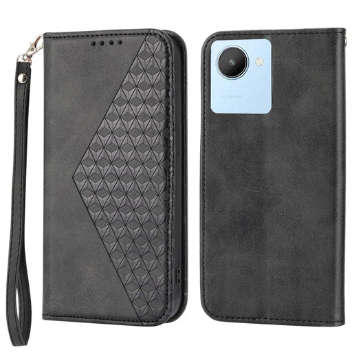 Calf Texture Phone Case for Realme C30 4G, PU Leather Imprinted Rhombus Pattern Wallet Stand Folio Flip Cover with Strap - Black - 1