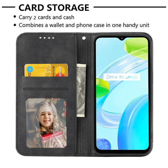 Calf Texture Phone Case for Realme C30 4G, PU Leather Imprinted Rhombus Pattern Wallet Stand Folio Flip Cover with Strap - Black - 3
