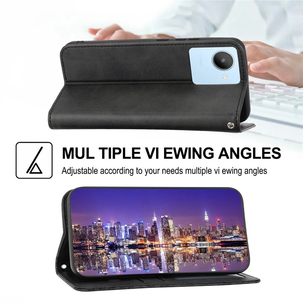 Calf Texture Phone Case for Realme C30 4G, PU Leather Imprinted Rhombus Pattern Wallet Stand Folio Flip Cover with Strap - Black - 4