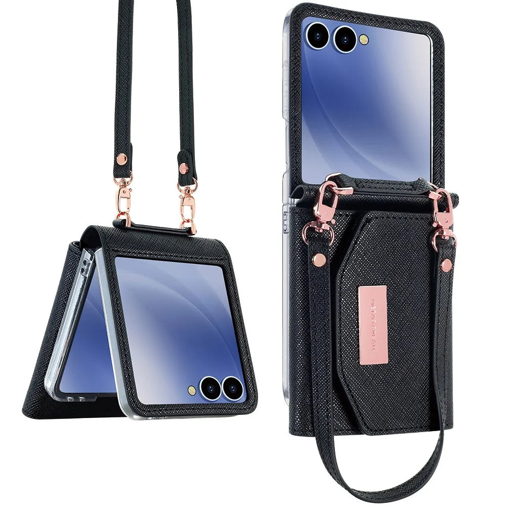 For Samsung Galaxy Z Flip7 5G Wallet Case PU + PC Shockproof Phone Cover with Wrist Strap - Black - 1