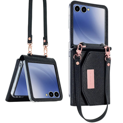 For Samsung Galaxy Z Flip7 5G Wallet Case PU + PC Shockproof Phone Cover with Wrist Strap - Black - 1