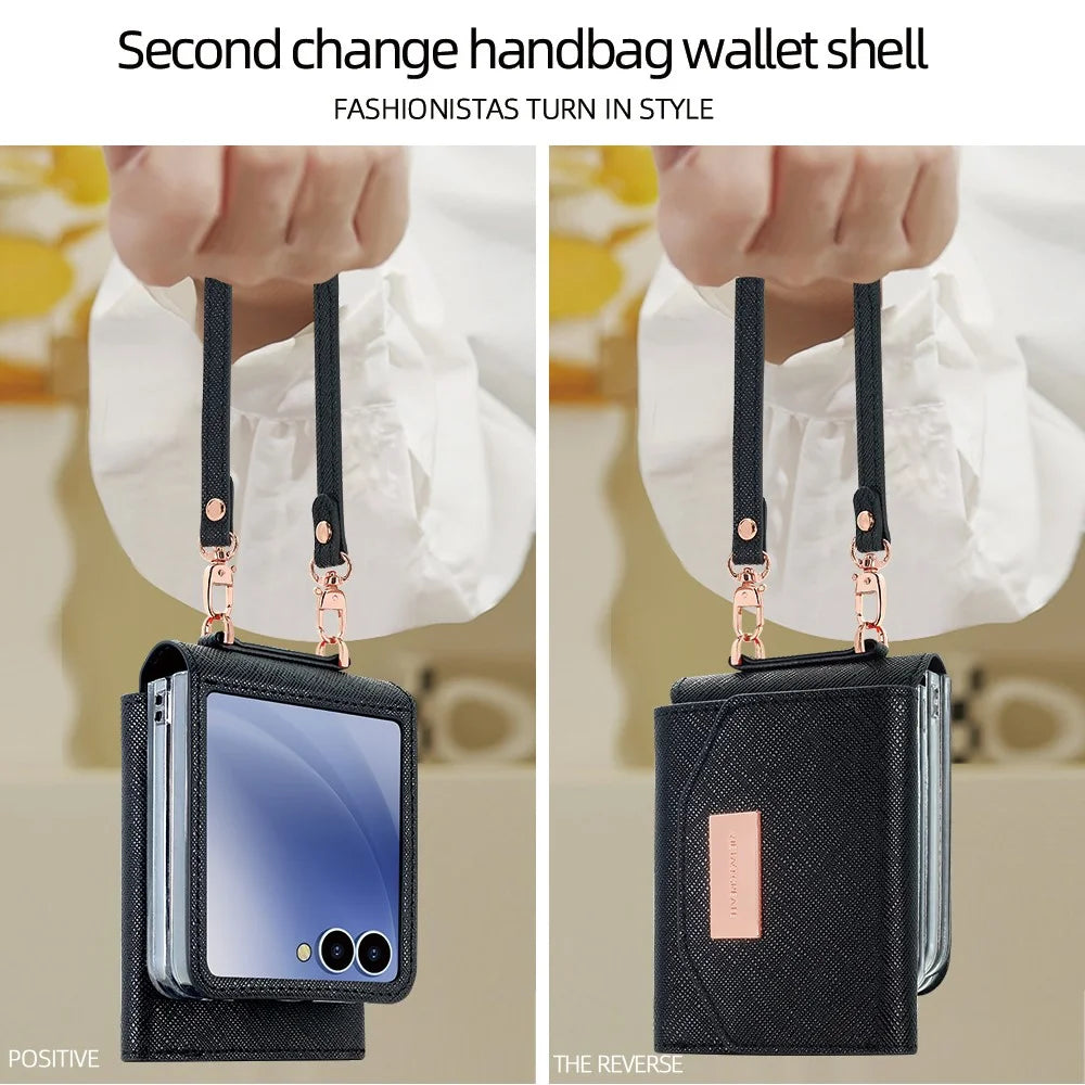 For Samsung Galaxy Z Flip7 5G Wallet Case PU + PC Shockproof Phone Cover with Wrist Strap - Black - 3