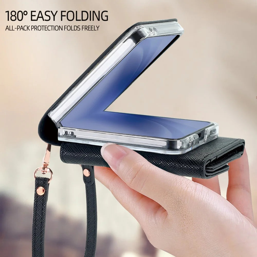 For Samsung Galaxy Z Flip7 5G Wallet Case PU + PC Shockproof Phone Cover with Wrist Strap - Black - 4