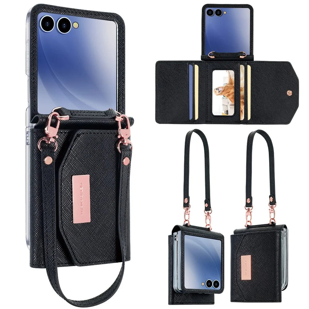 For Samsung Galaxy Z Flip7 5G Wallet Case PU + PC Shockproof Phone Cover with Wrist Strap - Black - 7