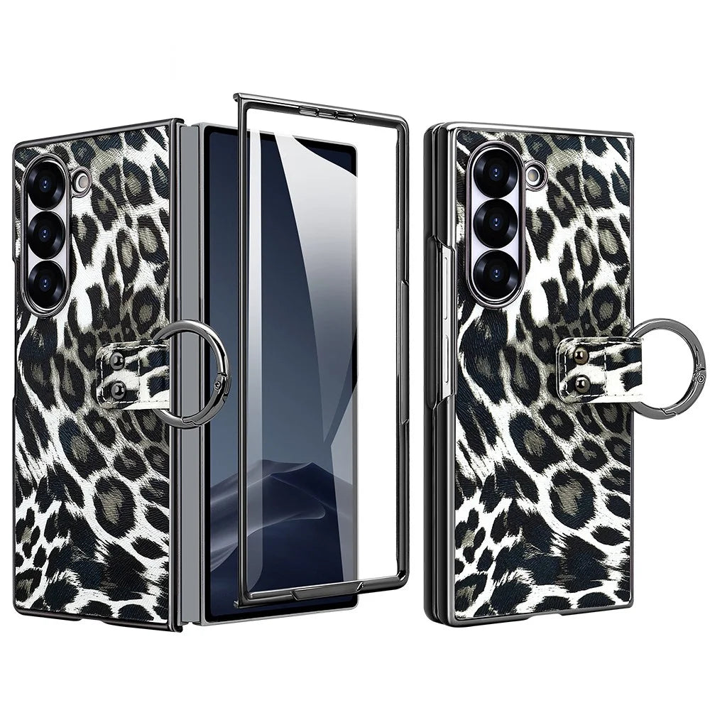 For Samsung Galaxy Z Fold6 5G Case Leopard Pattern PU PC Phone Cover with Tempered Glass Film / Ring Holder - Black - 1