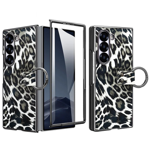 For Samsung Galaxy Z Fold6 5G Case Leopard Pattern PU PC Phone Cover with Tempered Glass Film / Ring Holder - Black - 1
