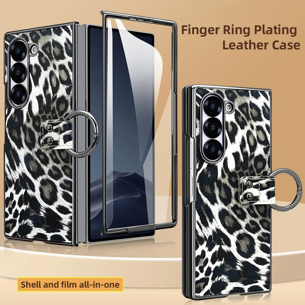 For Samsung Galaxy Z Fold6 5G Case Leopard Pattern PU PC Phone Cover with Tempered Glass Film / Ring Holder - Black - 2