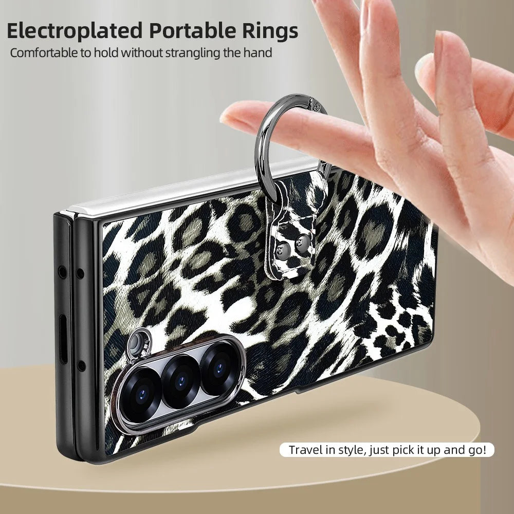 For Samsung Galaxy Z Fold6 5G Case Leopard Pattern PU PC Phone Cover with Tempered Glass Film / Ring Holder - Black - 3