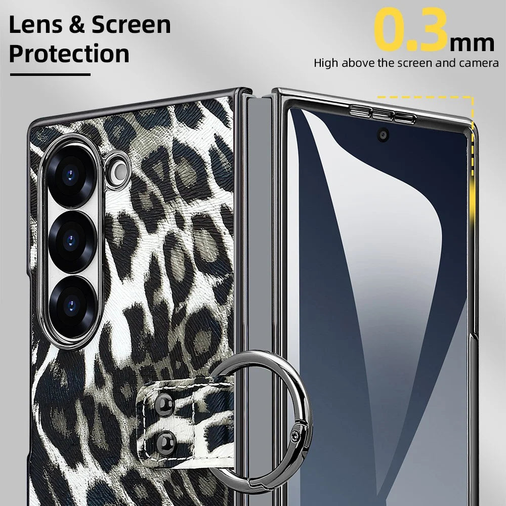 For Samsung Galaxy Z Fold6 5G Case Leopard Pattern PU PC Phone Cover with Tempered Glass Film / Ring Holder - Black - 4