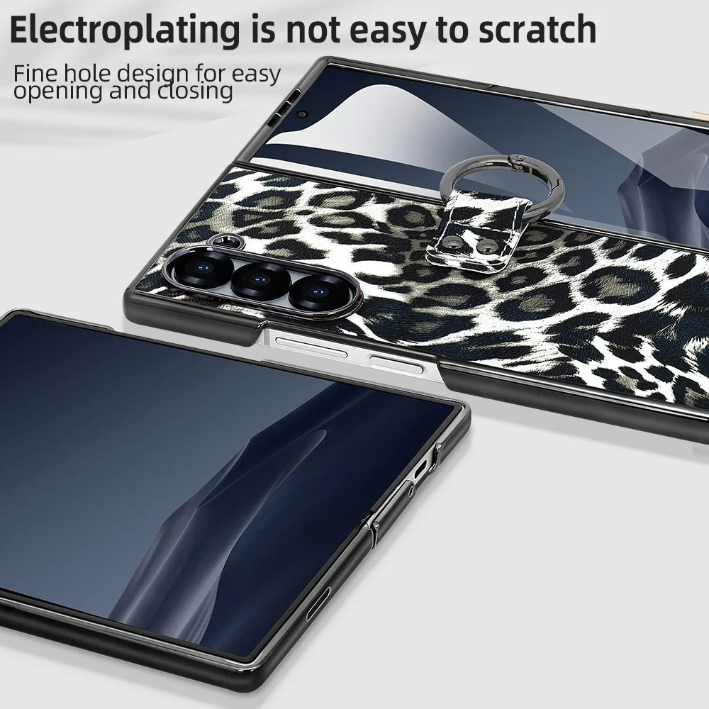 For Samsung Galaxy Z Fold6 5G Case Leopard Pattern PU PC Phone Cover with Tempered Glass Film / Ring Holder - Black - 5