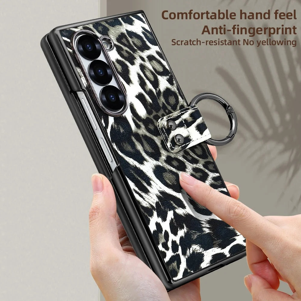 For Samsung Galaxy Z Fold6 5G Case Leopard Pattern PU PC Phone Cover with Tempered Glass Film / Ring Holder - Black - 7