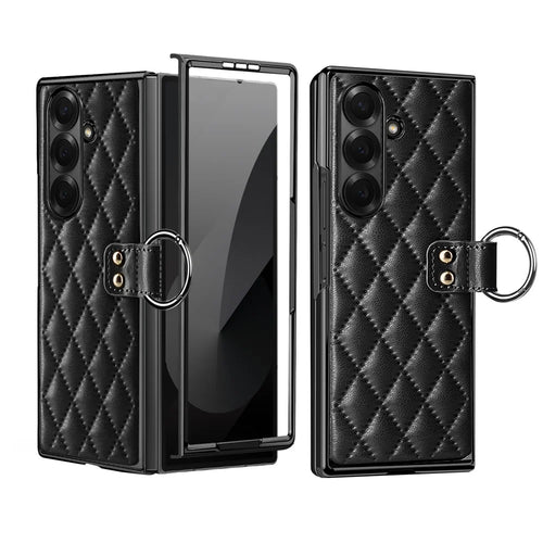For Samsung Galaxy Z Fold7 5G Case Rhombus Grid Phone Cover with Tempered Glass Film - Black - 1