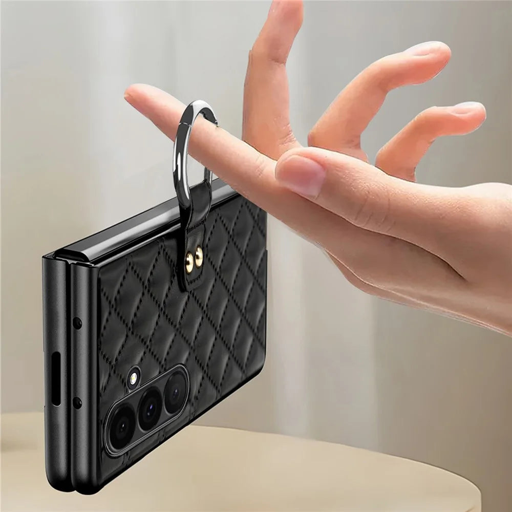 For Samsung Galaxy Z Fold7 5G Case Rhombus Grid Phone Cover with Tempered Glass Film - Black - 3