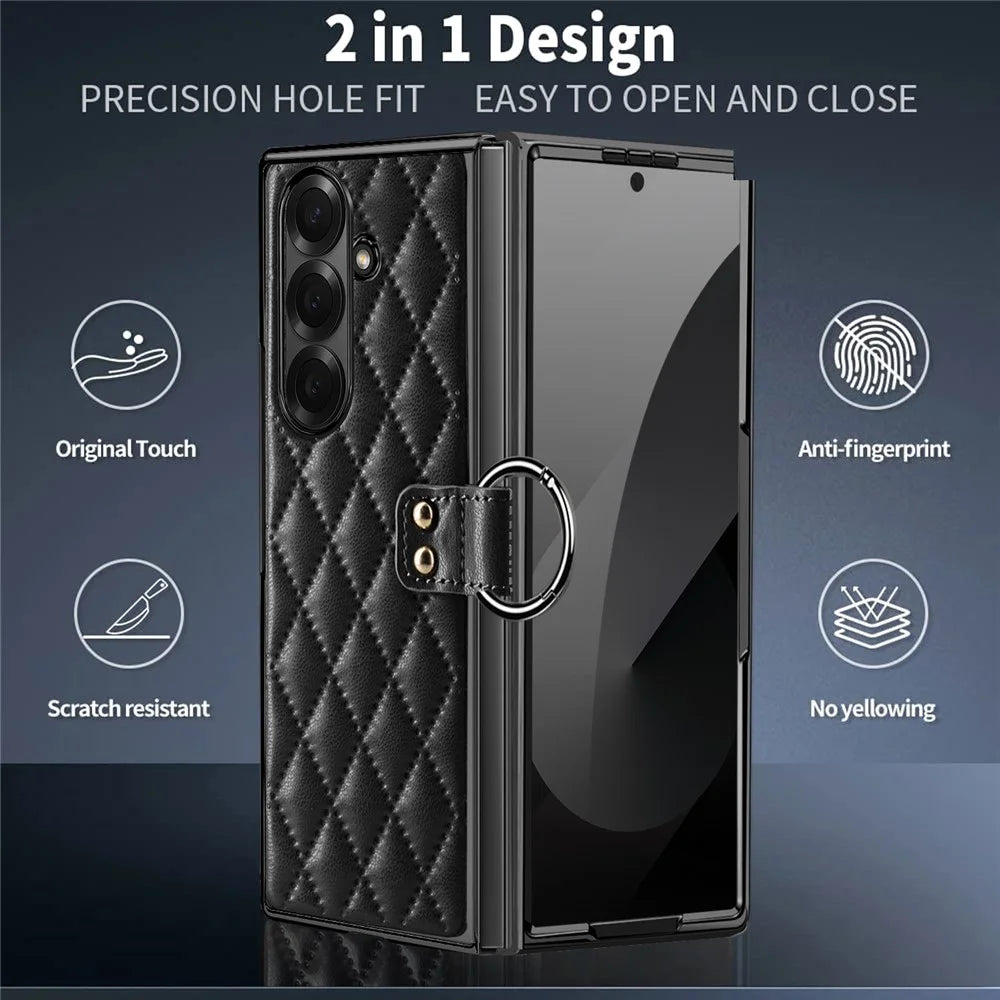 For Samsung Galaxy Z Fold7 5G Case Rhombus Grid Phone Cover with Tempered Glass Film - Black - 7