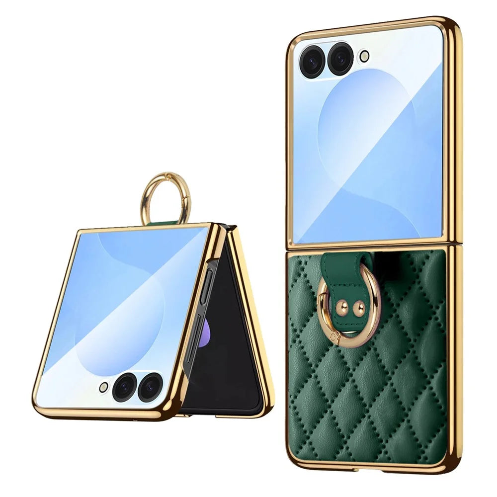 For Samsung Galaxy Z Flip7 5G Case Rhombus Grid Phone Cover with Tempered Glass Film - Blackish Green - 1