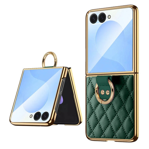 For Samsung Galaxy Z Flip7 5G Case Rhombus Grid Phone Cover with Tempered Glass Film - Blackish Green - 1