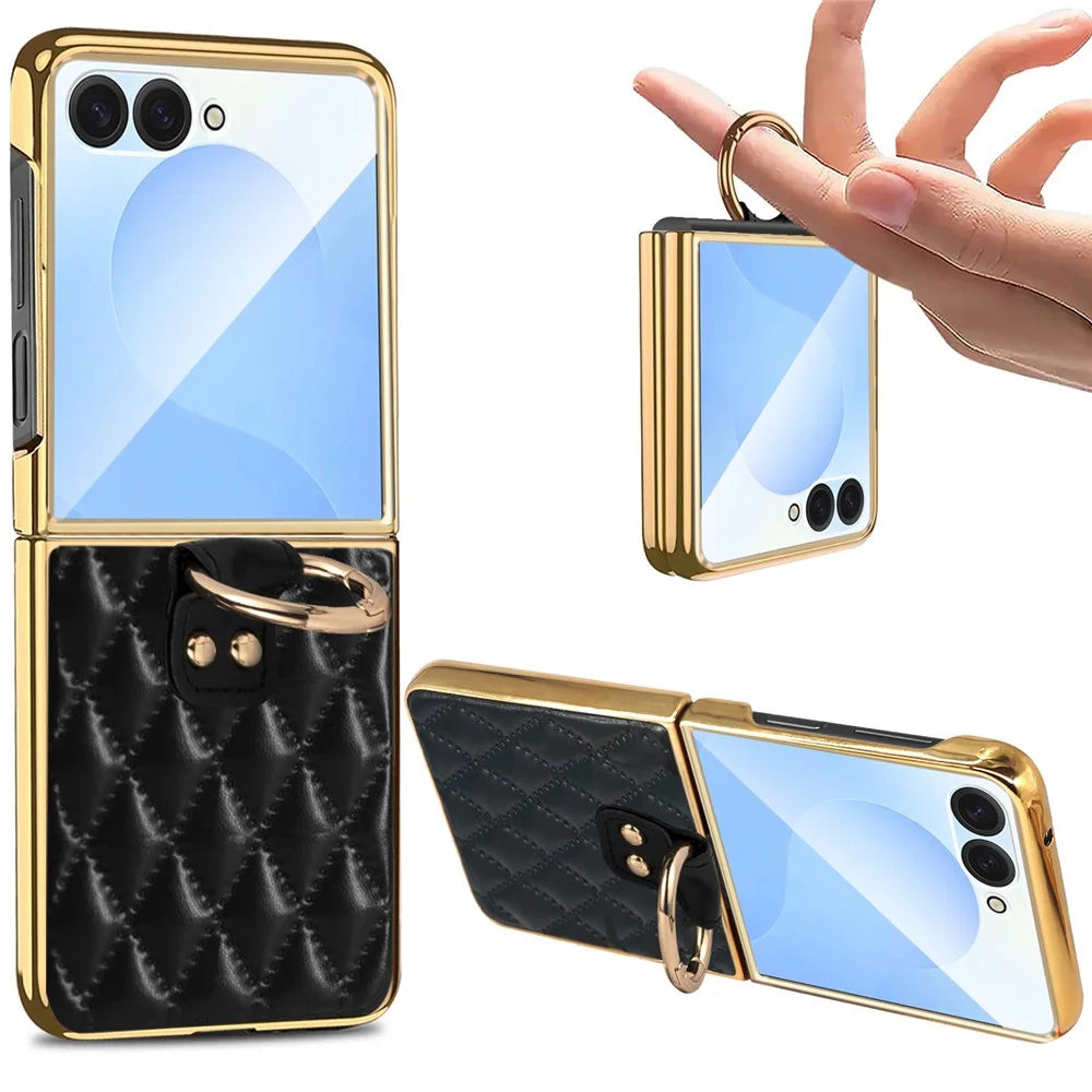 For Samsung Galaxy Z Flip7 5G Case Rhombus Grid Phone Cover with Tempered Glass Film - Blackish Green - 3