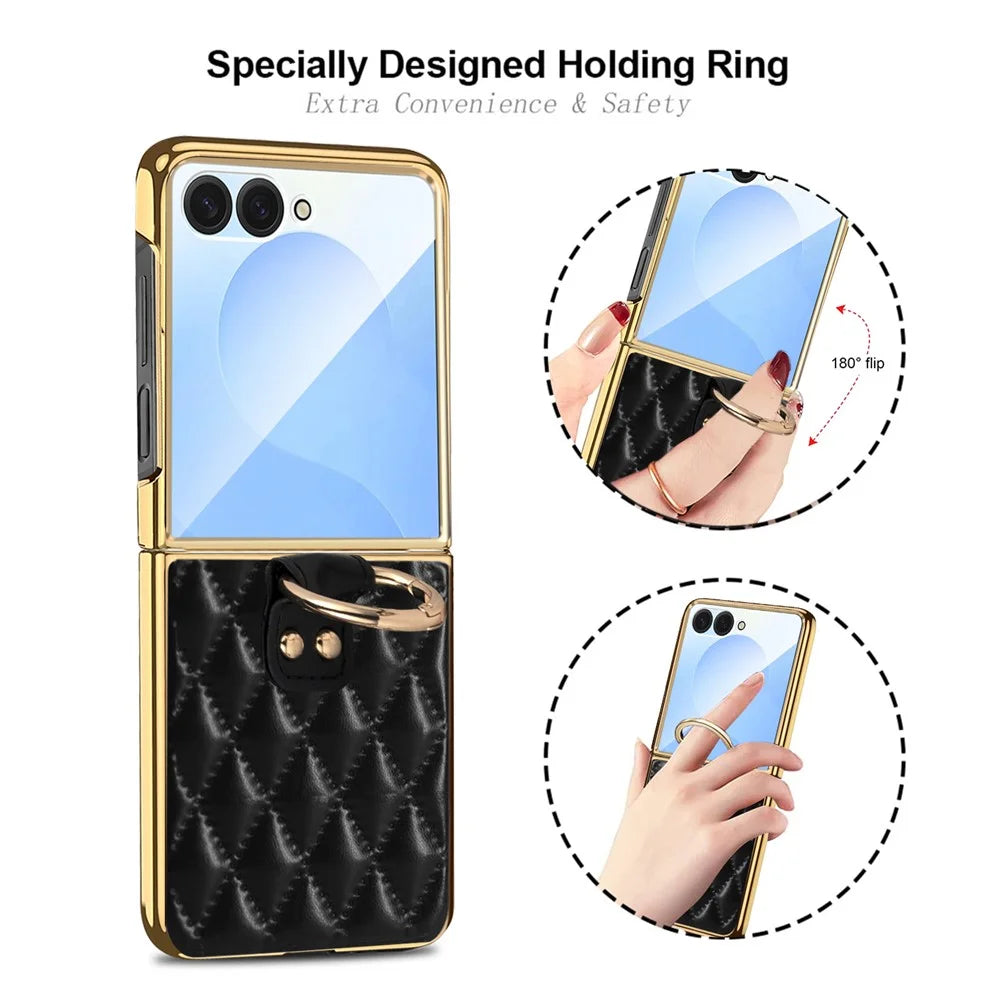 For Samsung Galaxy Z Flip7 5G Case Rhombus Grid Phone Cover with Tempered Glass Film - Blackish Green - 5