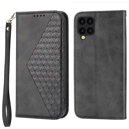 Imprinted Rhombus Pattern Phone Case For Samsung Galaxy A12, Calf Texture PU Leather Drop-proof Phone Cover Wallet Stand with Strap - Black - 1