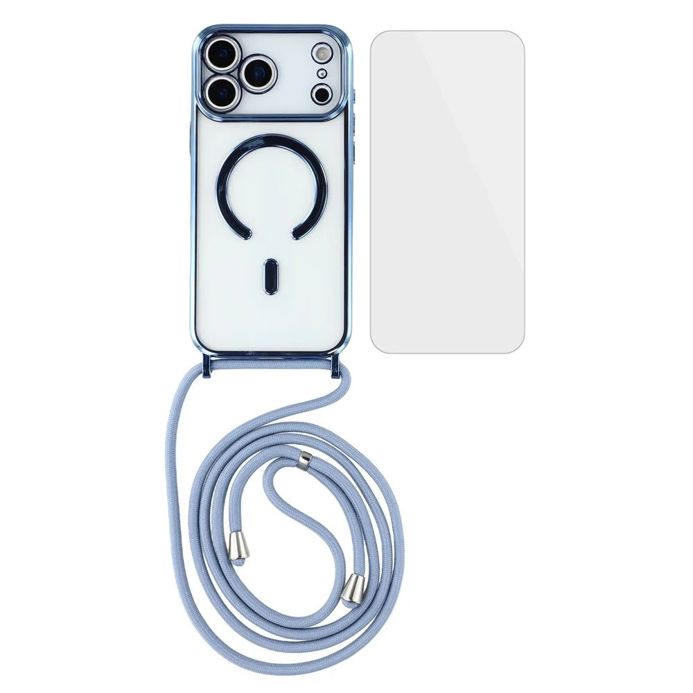 For iPhone 17 Pro Max Case Compatible with MagSafe Electroplating Edge TPU Phone Cover with Screen Film / Shoulder Strap - Blue - 1