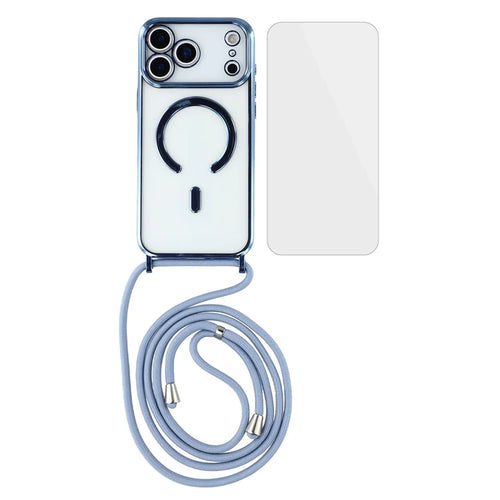 For iPhone 17 Pro Case Compatible with MagSafe Electroplating Edge TPU Phone Cover with Screen Film / Shoulder Strap - Blue - 1