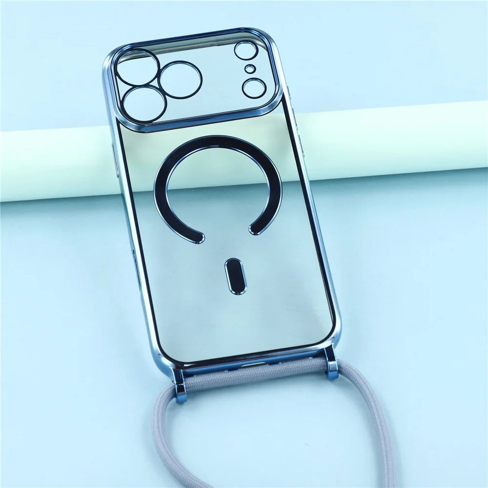 For iPhone 17 Pro Case Compatible with MagSafe Electroplating Edge TPU Phone Cover with Screen Film / Shoulder Strap - Blue - 7