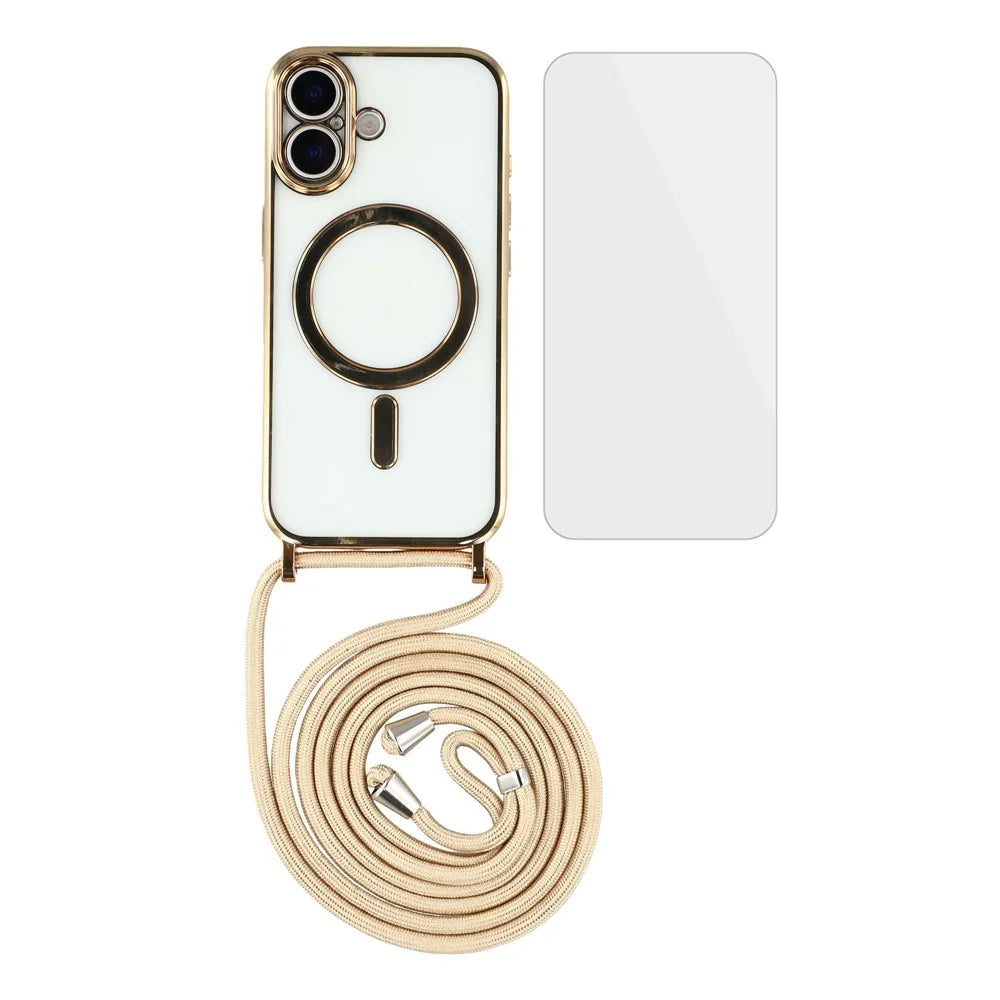 For iPhone 17 Case Compatible with MagSafe Electroplating Edge TPU Phone Cover with Screen Film / Shoulder Strap - Gold - 1